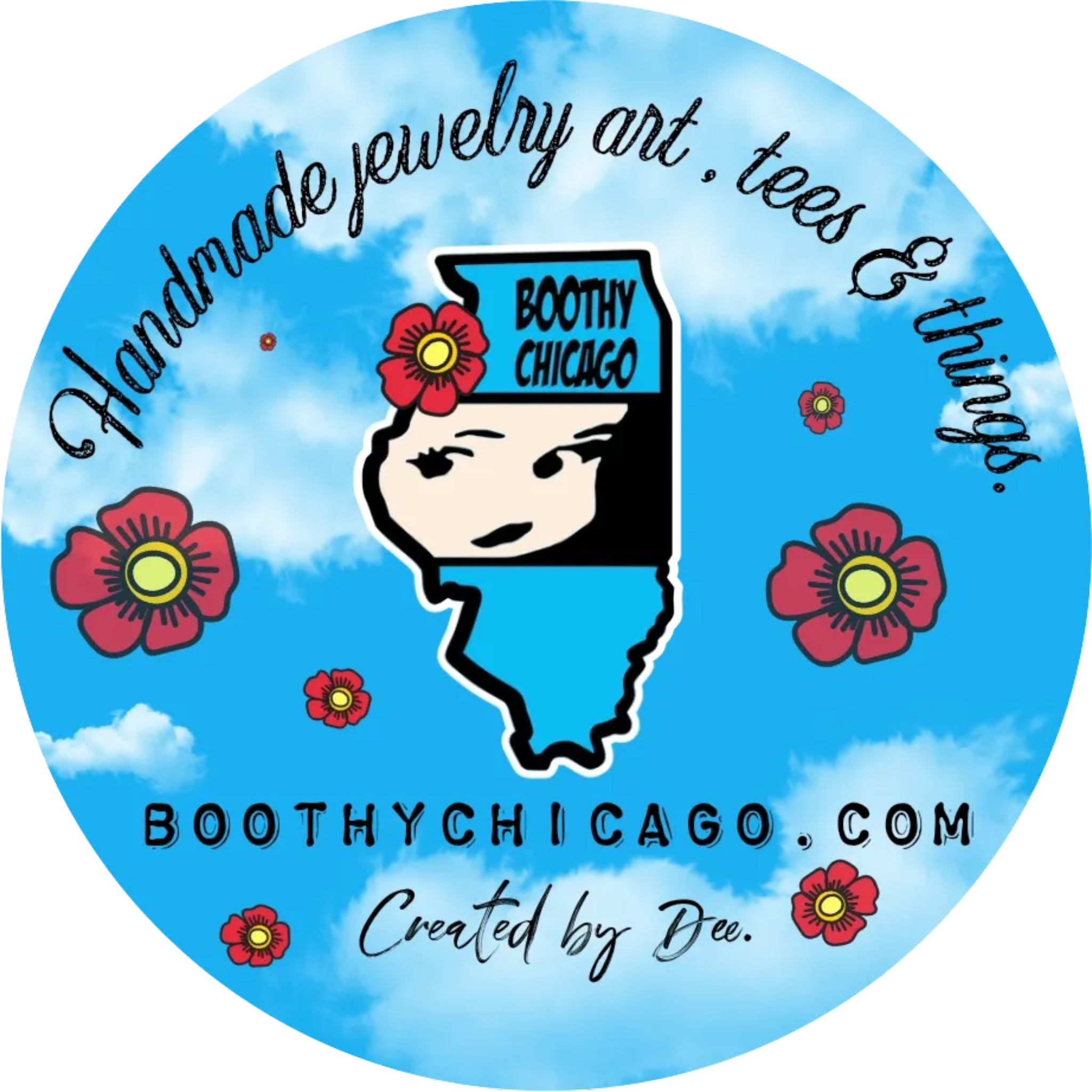 Circular logo with cartoon character and text 'Boothy Chicago' on a blue background with flowers.